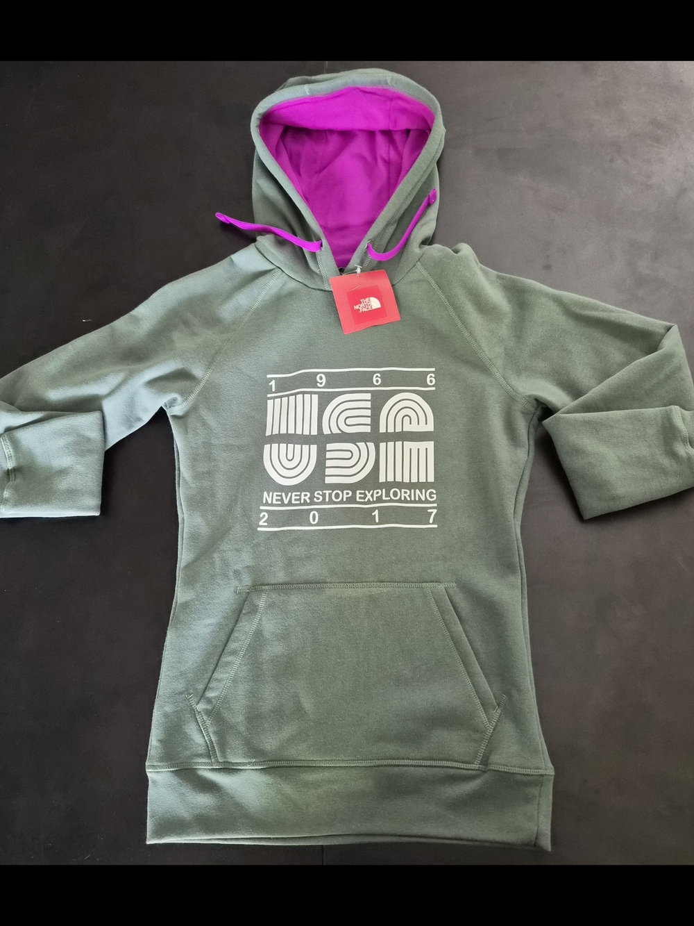 The North Face Olive Green Hoodie with Bright Pink Lined Hood